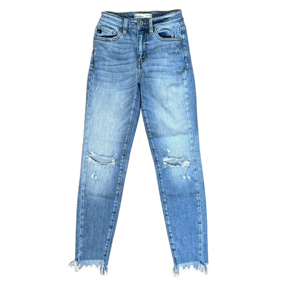 KanCan Midrise Skinny Ankle Jeans – Distressed, Raw Edge Hem, Size 23